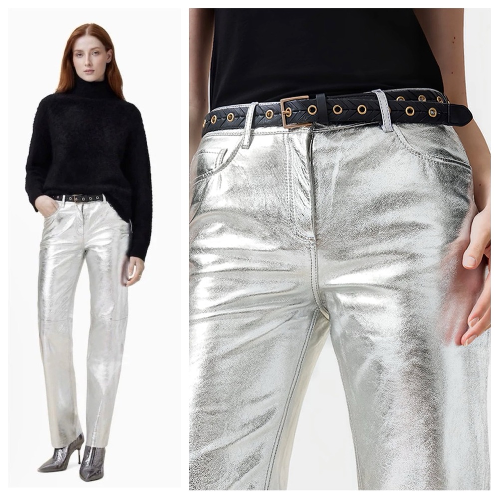 ALLSAINTS Saige Straight Fit Leather Trouser Pants in Silver, US Size 6, NWT